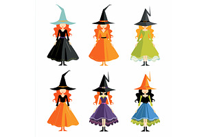 Six Stylish Witches Wearing Colorful