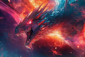 Epic dragon emerges from cosmic flam, a Photo by Pavel_design