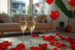 Modern living room with decorations for celebrating Valentine's Day, glasses of, a Photo by AlyaAnd