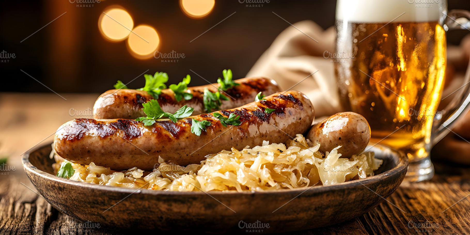 Grilled sausages with sauerkraut and, a Food & Drink Photo by Photostock