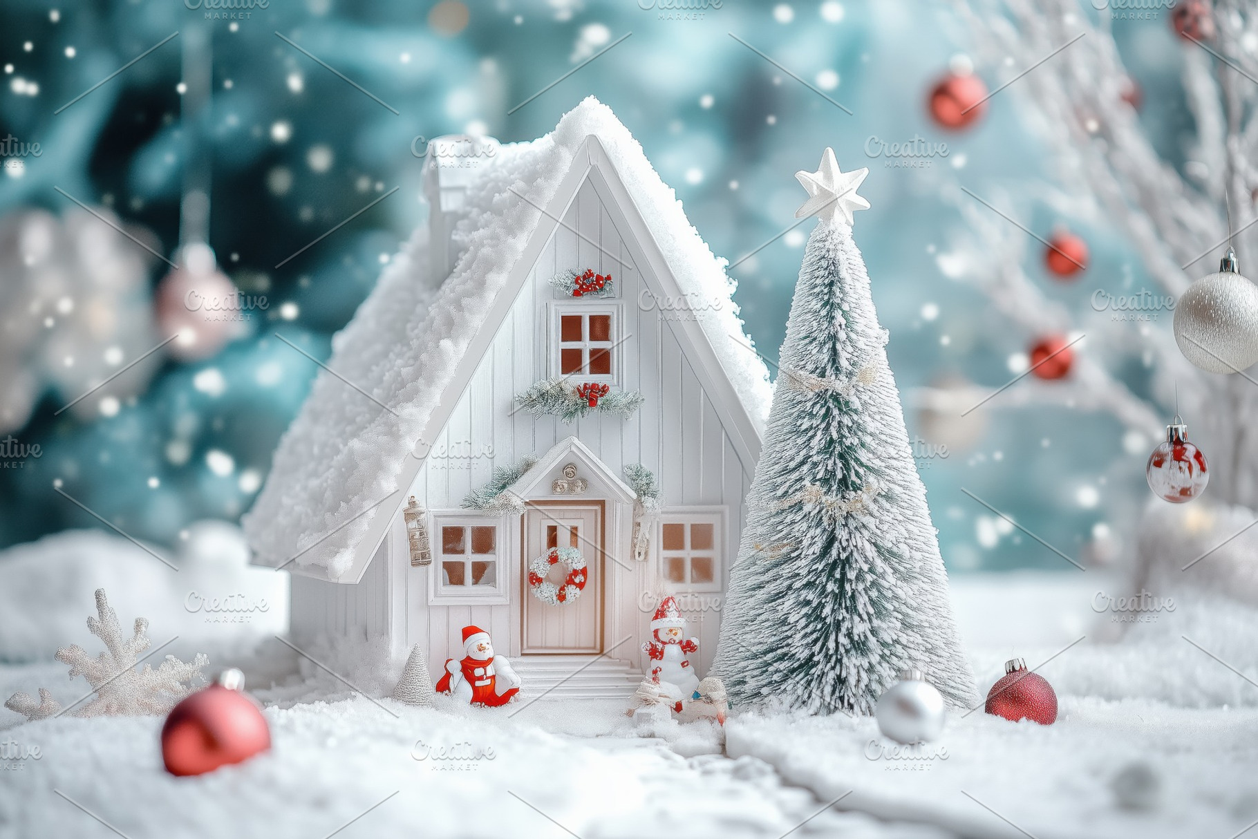 A charming miniature A-Frame house style decorated for Christmas, surrounded by, an Architecture Photo by Textures & Backgrounds