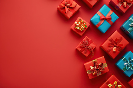 Colorful christmas gift boxes with copyspace on red background, a Holiday Photo by AlyaAnd