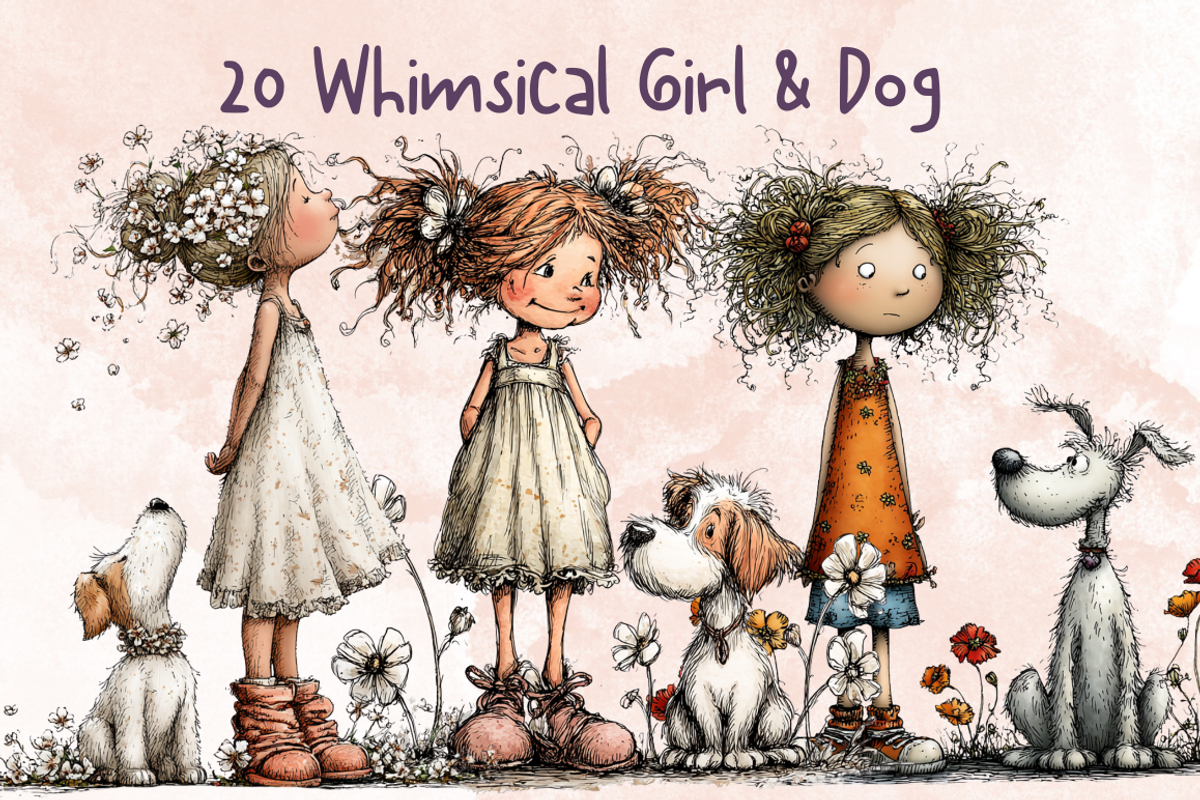Whimsical Floral Girl and Puppy, an Animal Illustration by GiraffeCreative (Photo 1 of 20)
