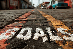 Close-up of painted goals on cobblestone street with yellow center line and blu, a Photo by AS photostudio