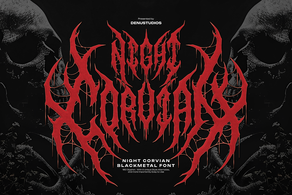 Night Corvian | Black Metal Font, a Blackletter Font by Denustudios (Photo 1 of 12)