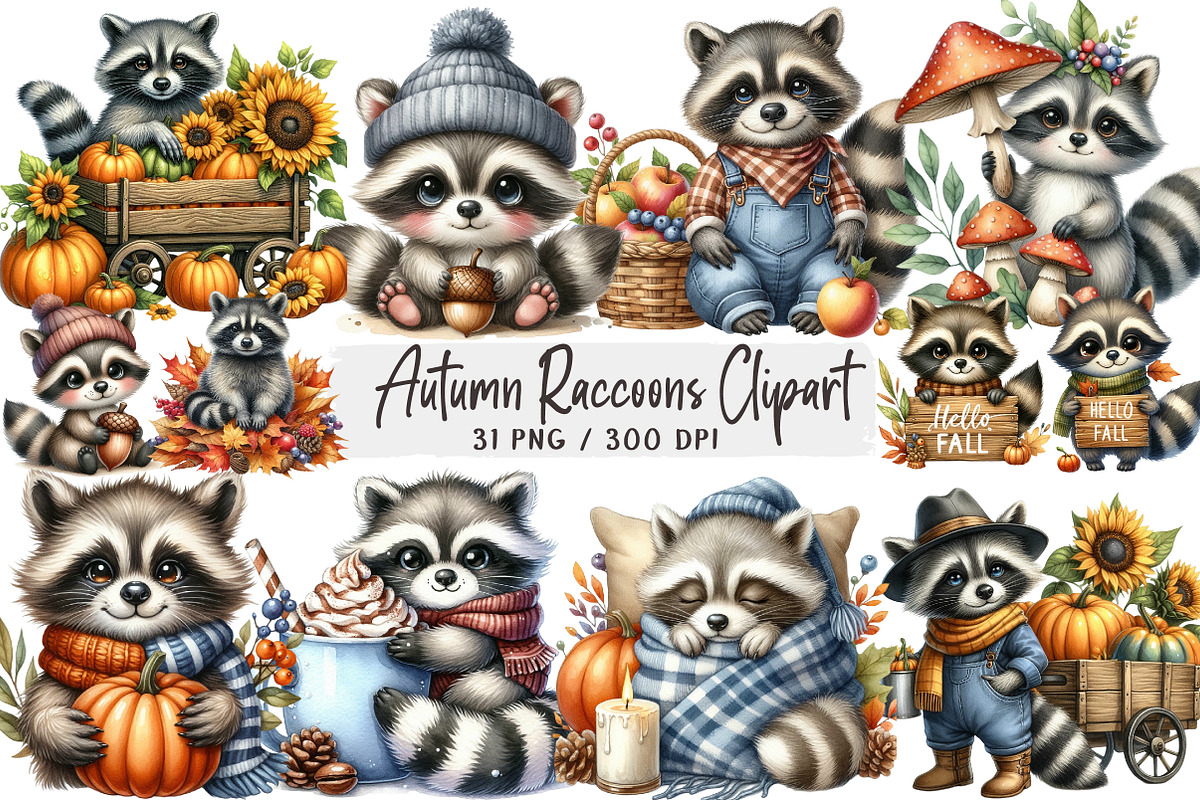 Autumn Raccoons Clipart, an Illustration by DreamArtGraphic (Photo 1 of 4)