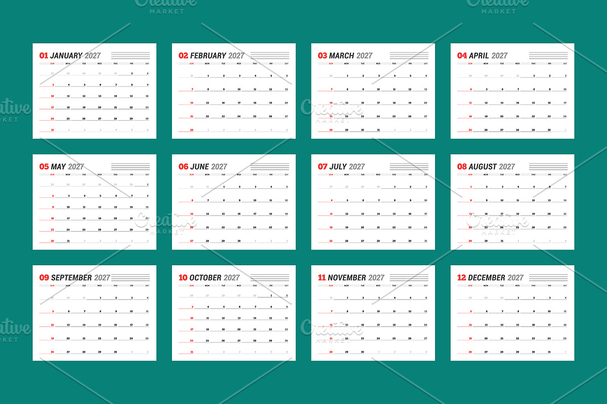 Minimal 2027 Vector Calendar EPS, a Texture Illustration by mikhailmorosin (Photo 2 of 8)