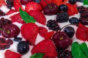 Cake topped with a variety of fresh berries, a Food & Drink Photo by DanFLCreativo