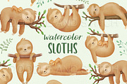 Watercolor Sloths Clipart, an Animal Illustration by Doodle and Stitch (Thumbnail 1 of 2)