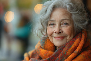 Smiling elderly woman with gray hair wrapped in a colorful scarf, exuding warmt, a Background Photo by ImageMir