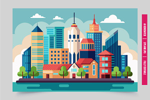 City skyline waterway bright, an Illustration by Tanuart