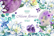 Moon Flowers. Watercolor Clipart Set, a Decorative Illustration by NataliMiasStore (Thumbnail 1 of 6)