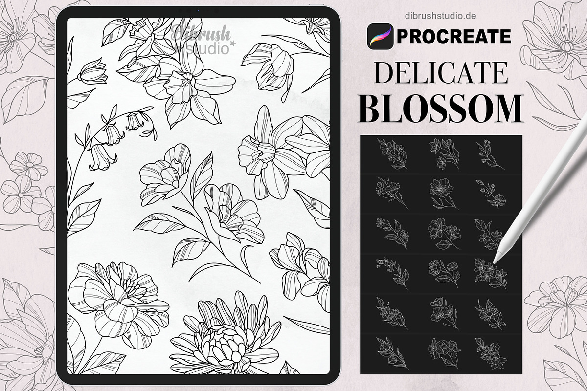 Procreate Delicate Blossom Stamps, a Brush Add-On by DiBrush Studio (Photo 1 of 6)