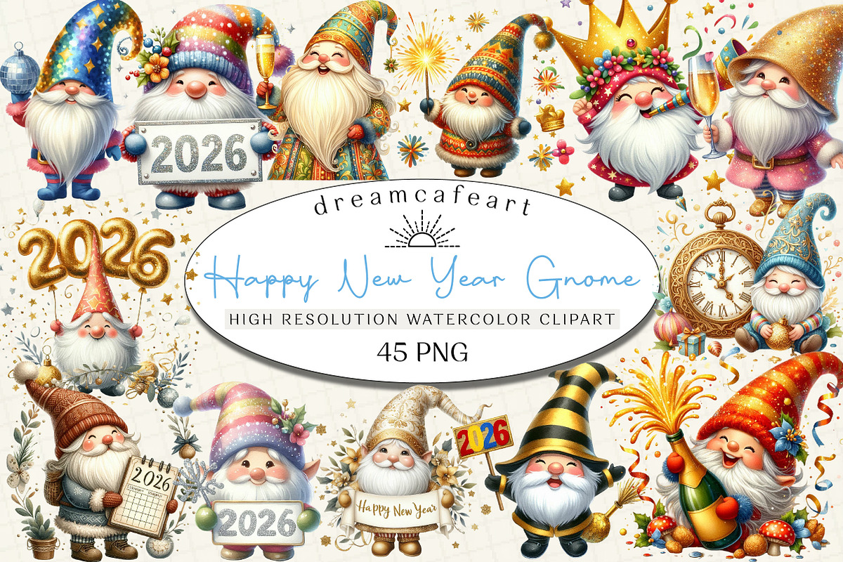 Happy New Year Gnome Sublimation, an Illustration by DreamCafeArt (Photo 1 of 6)