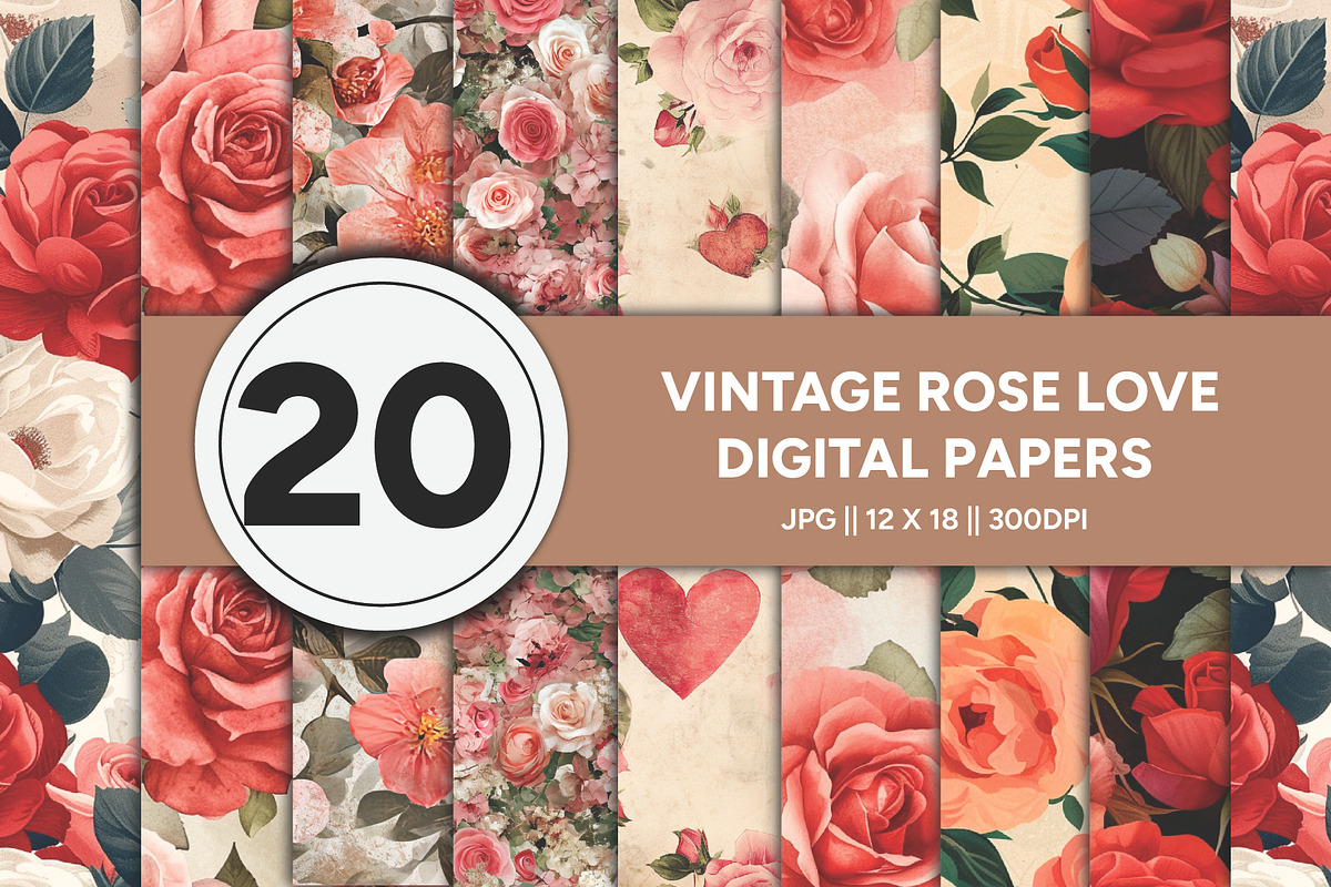 Vintage Rose Love Digital Papers, a Pattern Graphic by Branding by Kellsey (Photo 1 of 7)