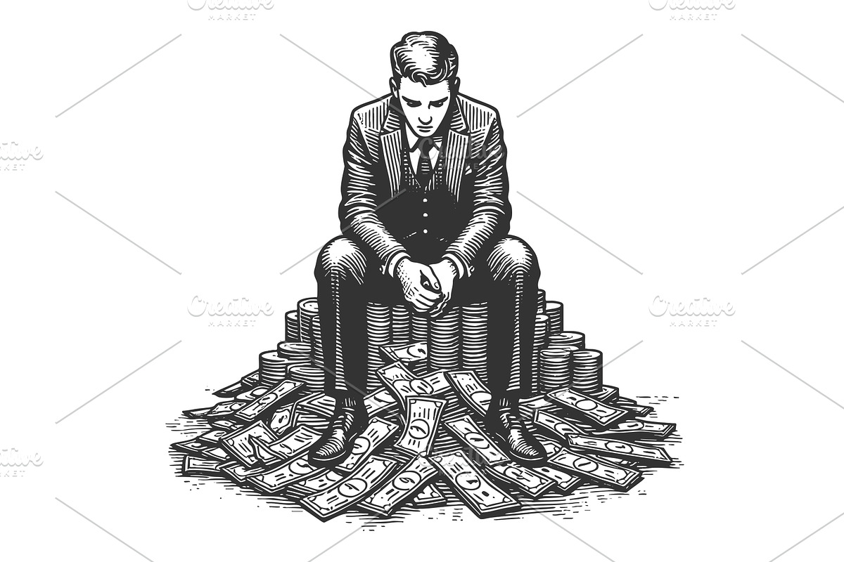 Businessman sitting on pile of money, a Finance Illustration by AlexArt