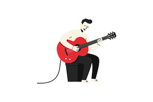 A man playing a red guitar while sit, an Illustration by designvectx