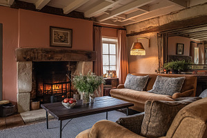 Cozy rustic living room featuring a burning fireplace, comfortable sofa, and vi, an Architecture Photo by Studio ANNA