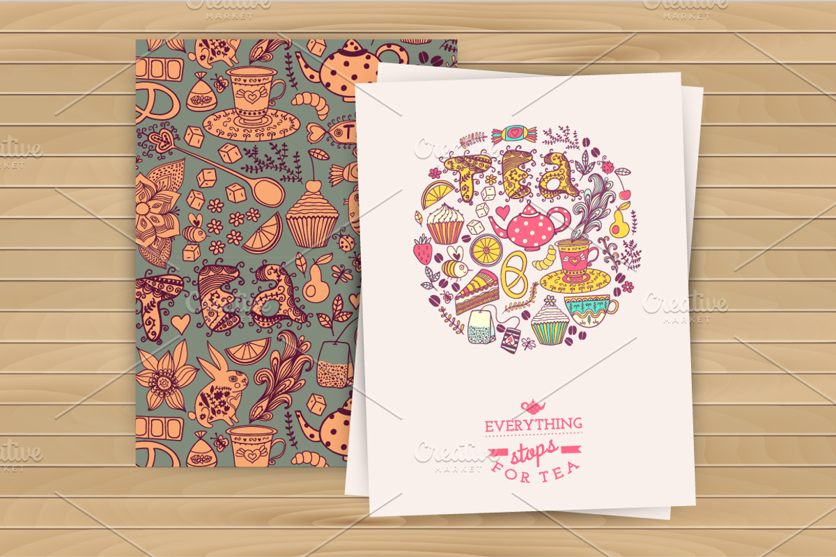 Tea, sweets seamless doodle pattern