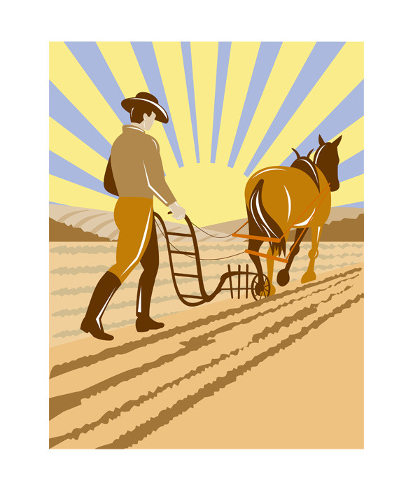 Farmer Horse Plowing Farm, an Illustration by patrimonio