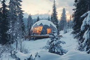 Dome glamping in winter pine forest, an Architecture Photo by AlyaAnd