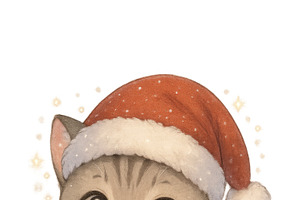 Cute anime cat in santa hat holding, an Illustration by Dvoevnore photos