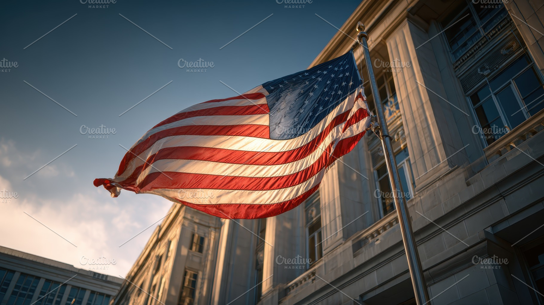 American flag waving outside a gover, a Photo by Pixeness Studio