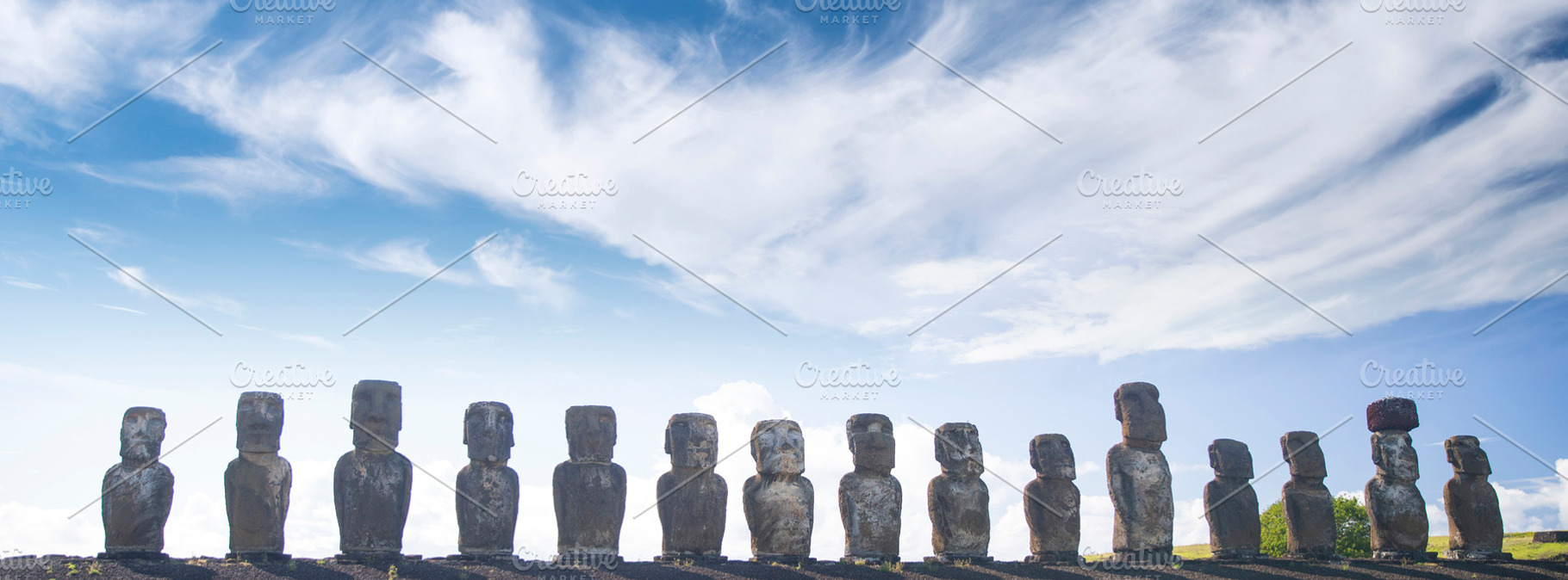 Ancient moai monoliths of Ahu Tongariki under blue sky in Easter, a Photo by Pictures for you!!!!!!!!!