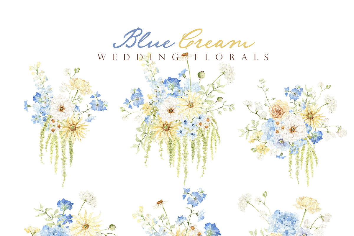 Watercolor Clipart-Blue Cream Floral, a Decorative Illustration by Beigetime (Photo 9 of 16)
