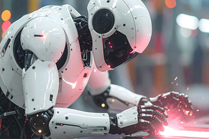 Robot welder leaning forward creating glowing red sparks, an Industrial Photo by GoodGoods