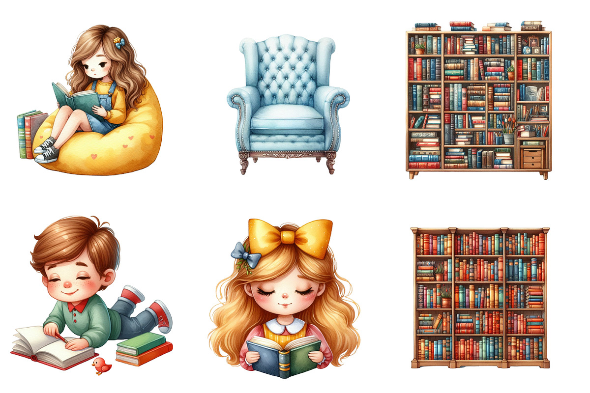 Library Kids Clipart Watercolor Book, an Illustration by CreationArt (Photo 3 of 7)