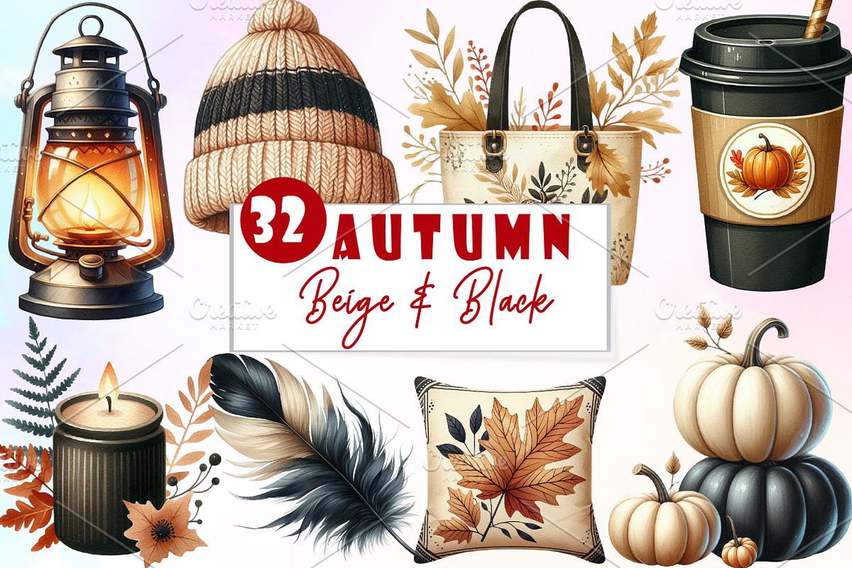 Beige & Black Autumn Clipart, an Illustration by Watercolor design (Photo 1 of 5)