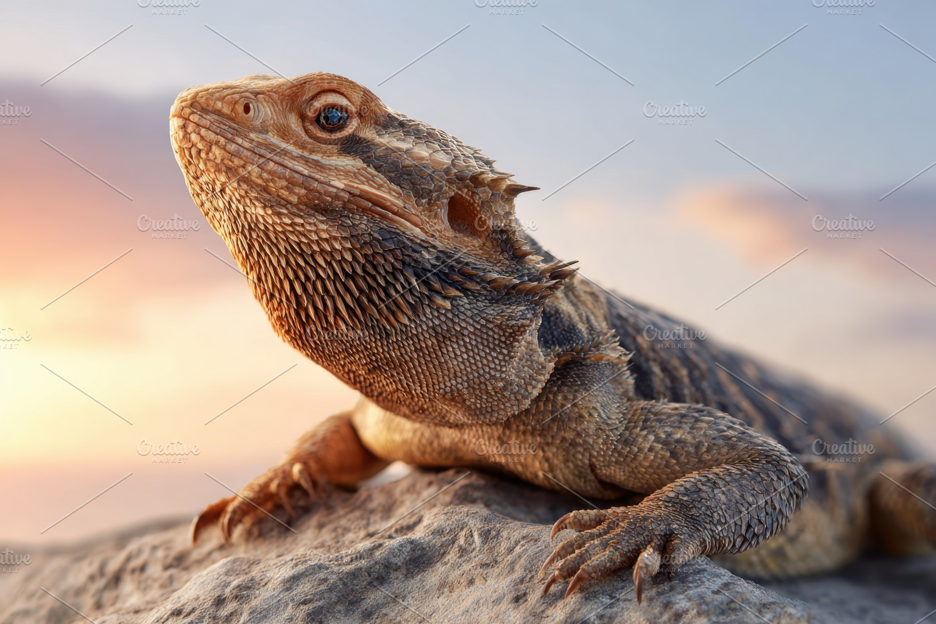 Bearded dragon basking on a rock at sunset, an Animal Photo by AlyaAnd