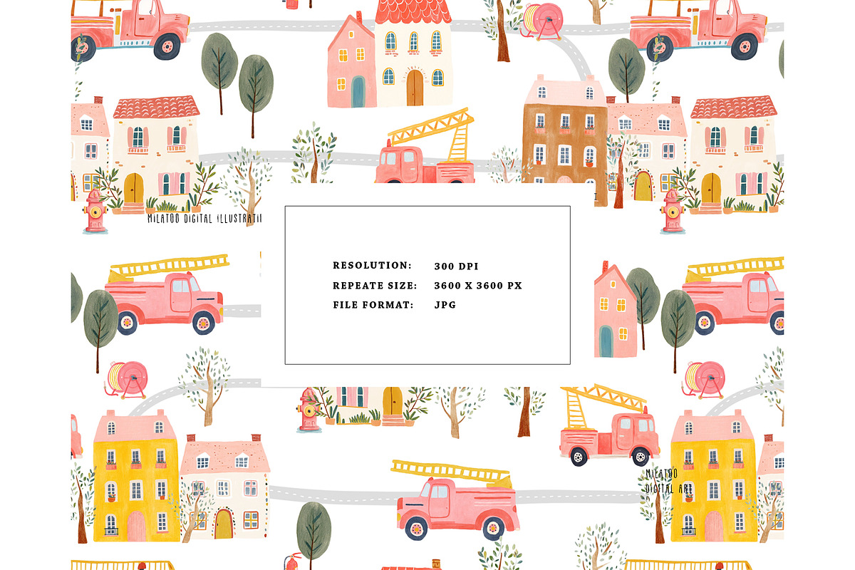 Firefighter pattern firetruck rescue, a Pattern Graphic by Milatoo (Photo 2 of 3)
