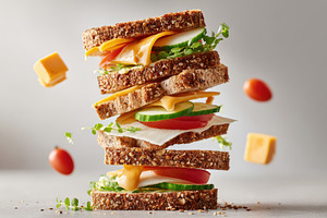Tall layered deli sandwich with avocado and cheese, a Food & Drink Photo by AlyaAnd