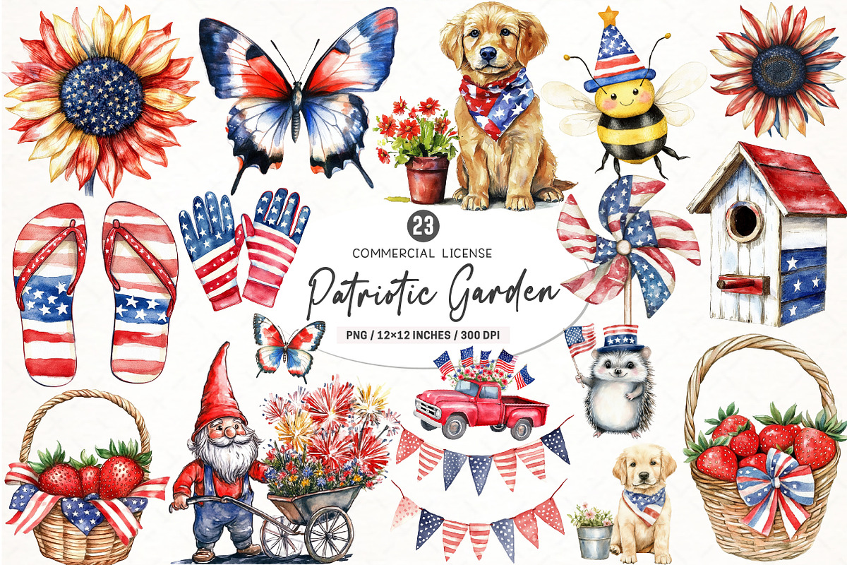 Watercolor Patriotic Garden Clipart, an Illustration by SinaCreation (Photo 1 of 5)