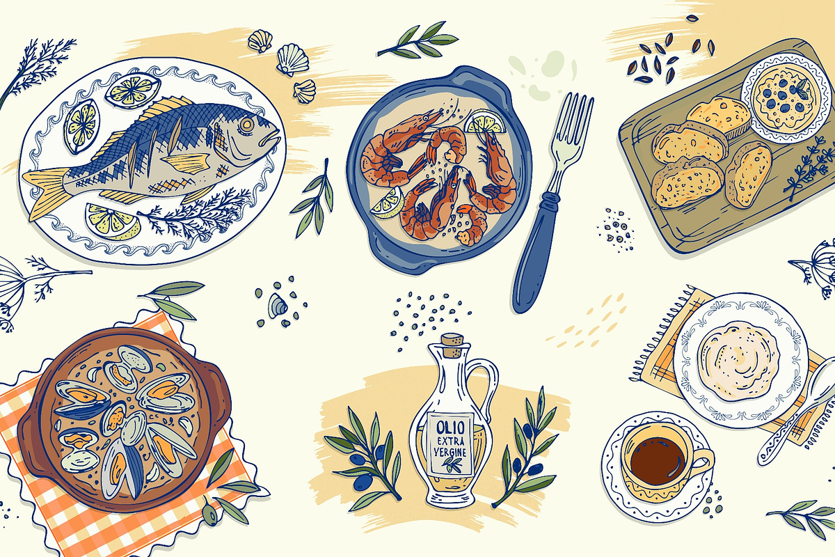 Hand drawn mediterranean food set, a Food Illustration by Zimages (Photo 2 of 3)
