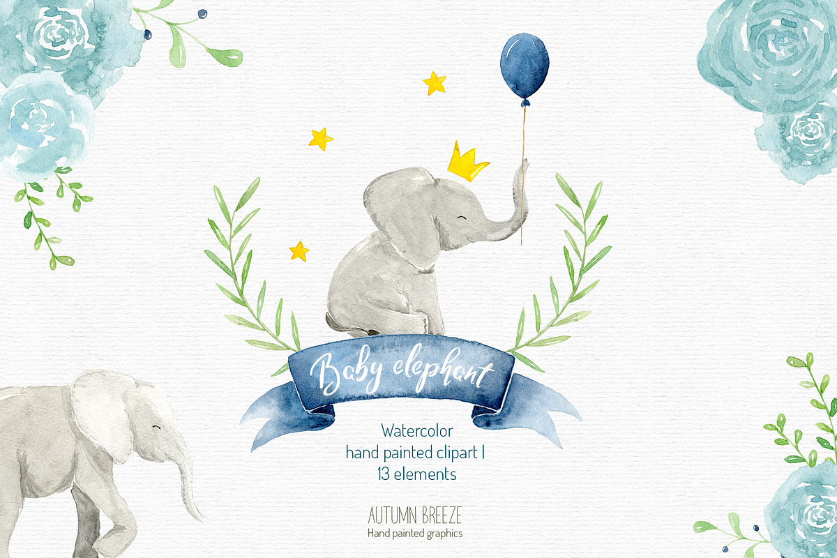 watercolor baby elephant clipart, an Animal Illustration by Autumn Breeze (Photo 1 of 3)