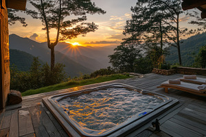 Mountain view hot tub getaway at sun, a Photo by Pixeness Studio