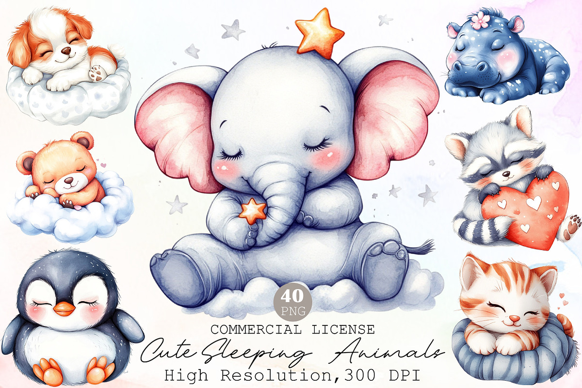 Cute Sleeping Animals Clipart, an Illustration by Sublimation Artist (Photo 1 of 6)
