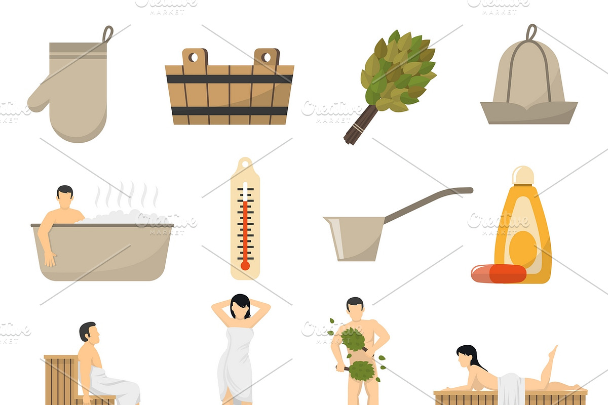 Bath sauna and spa flat icons, an Icon by Macrovector | Creative Market