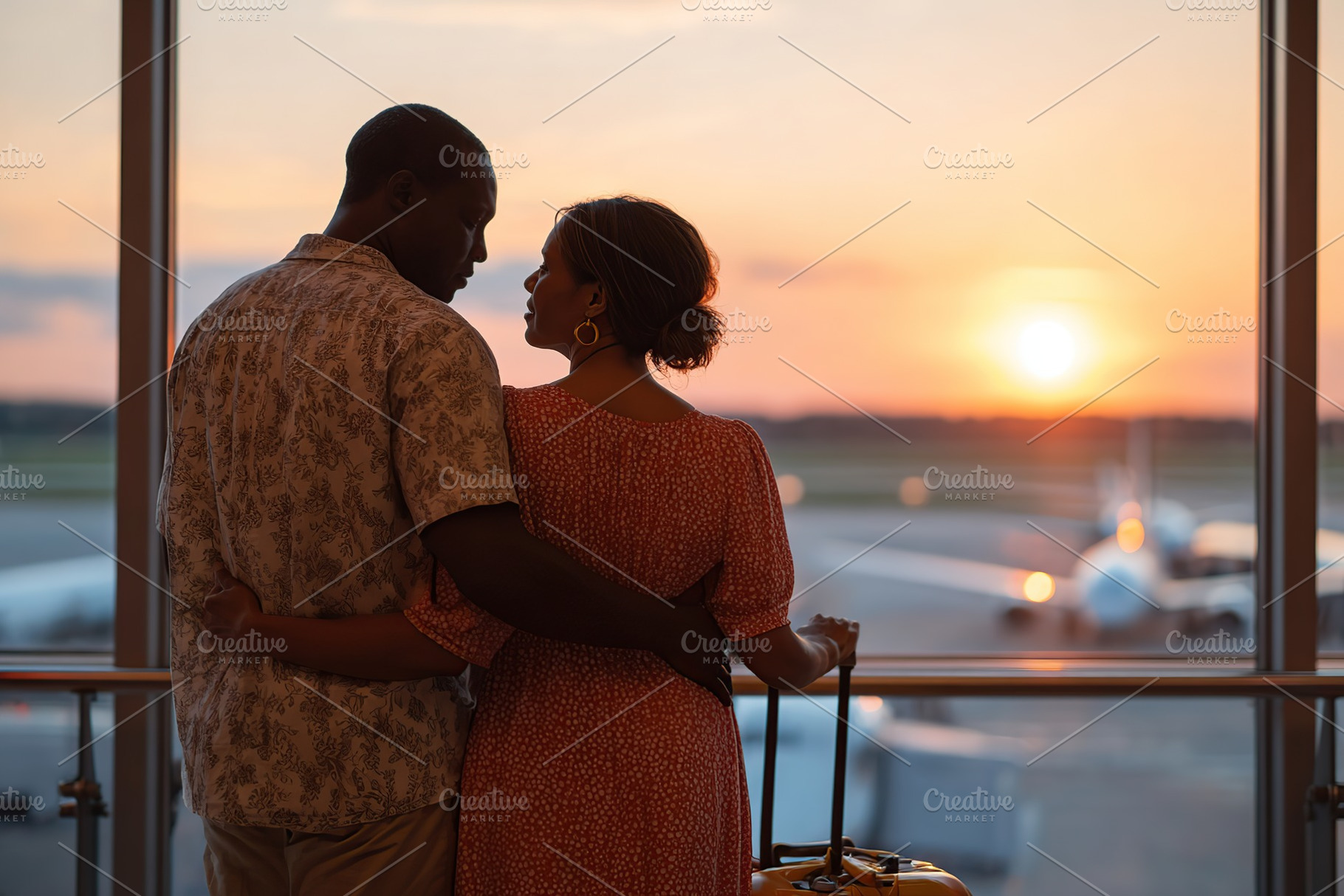 Couple enjoys sunset view at airport while holding hands with luggage nearby, a Photo by AlyaAnd