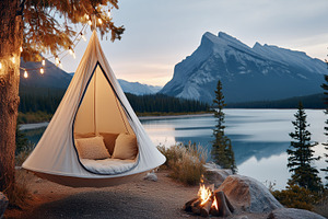 Cozy hanging tent with warm lights, a Nature Photo by MistyDay