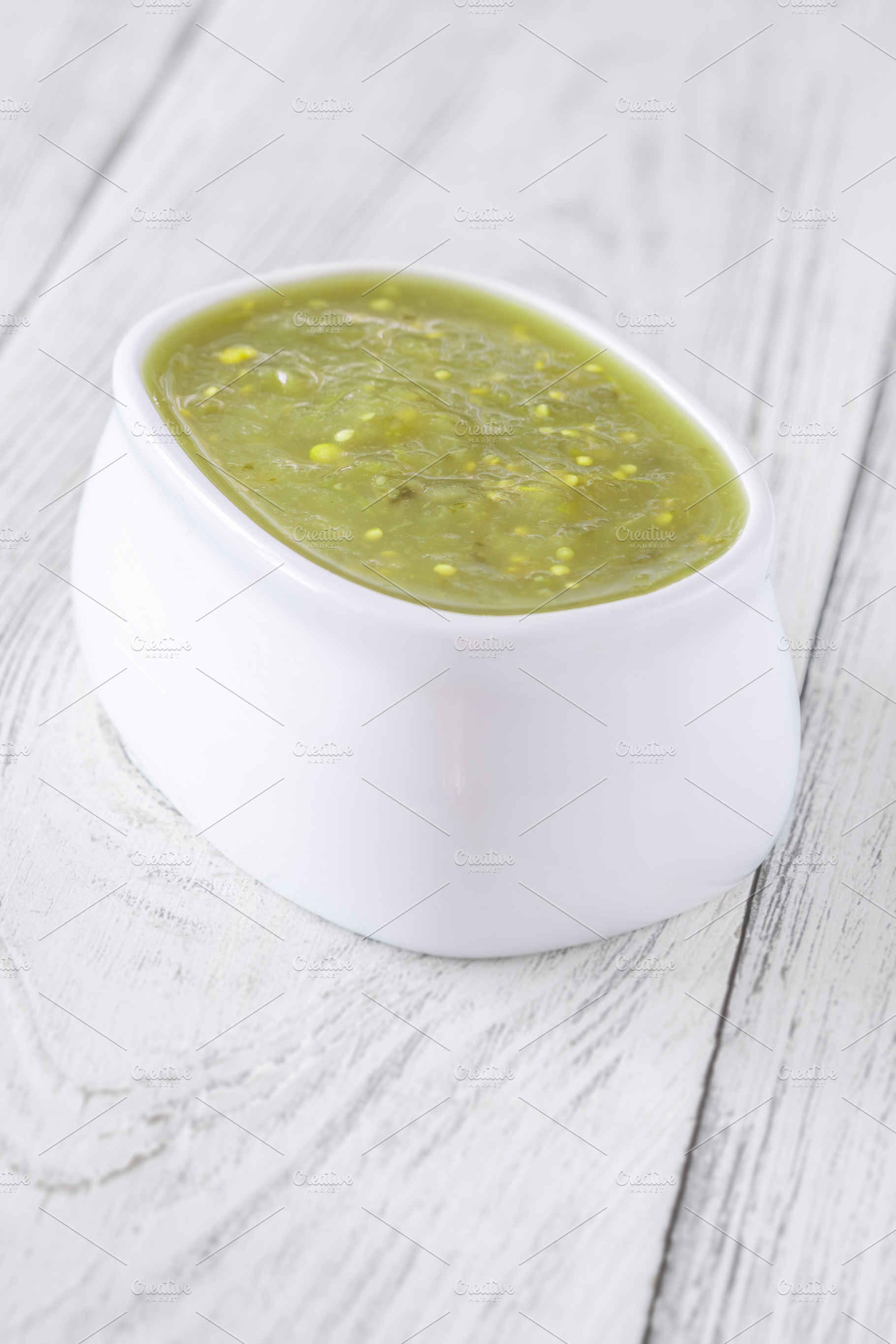 White bowl of salsa verde, a Food & Drink Photo by Alexander Prokopenko