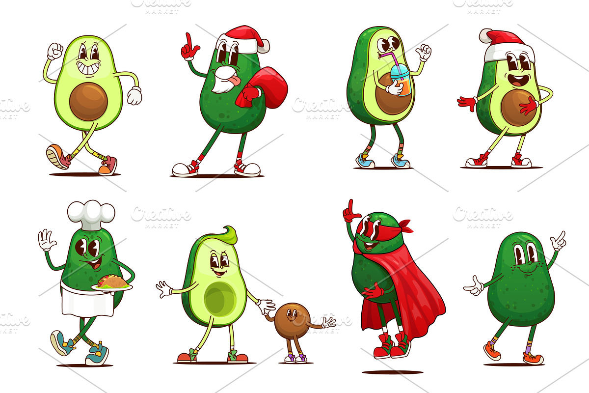 Cartoon groovy avocado characters, a Food Illustration by Vector Tradition