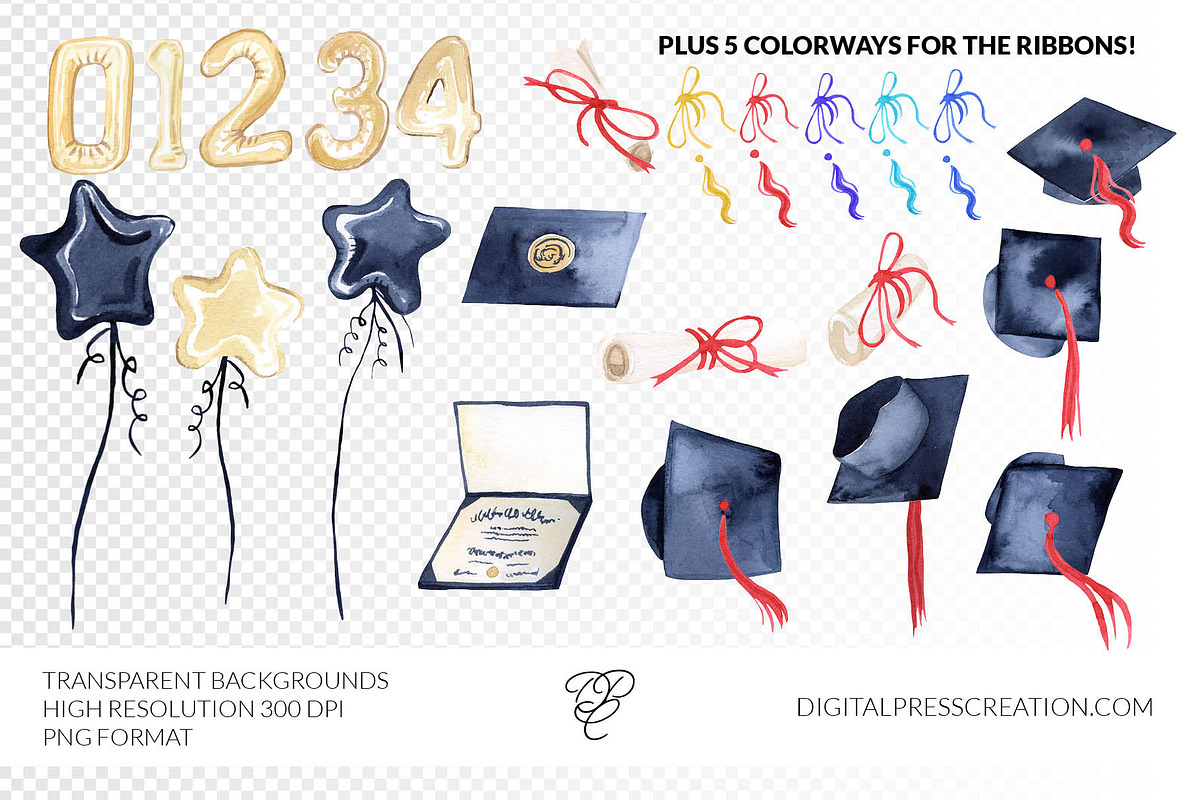 Watercolor Graduation Clipart, an Illustration by Digital Press Creation (Photo 2 of 3)