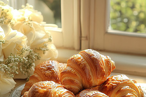 French pastry croissants on windowsill with sunrays, a Food & Drink Photo by AlyaAnd