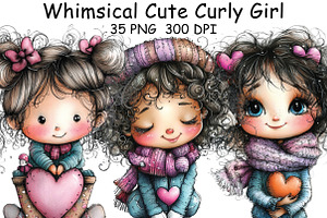 Whimsical Cute Curly Girl Clipart, an Illustration by CraftArtStudio