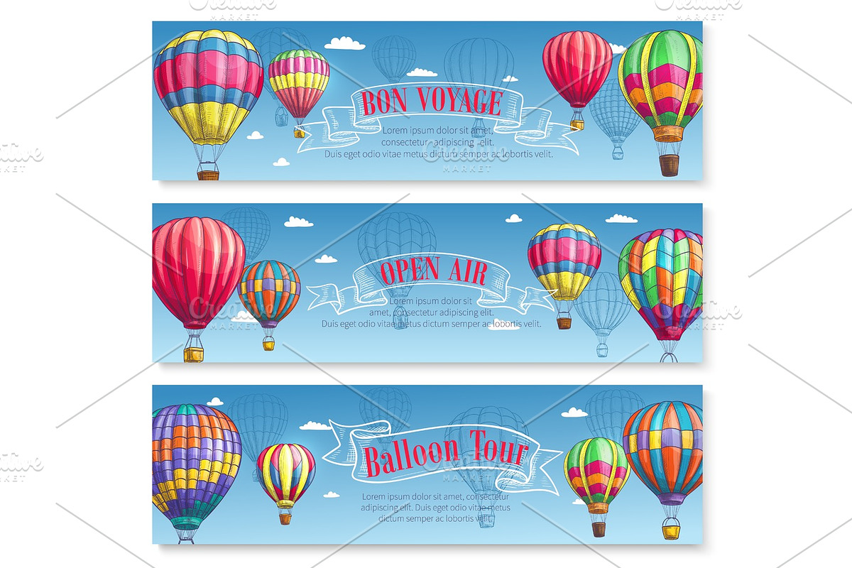 Vector banners for hot air balloon tourism voyage, an Illustration by ...