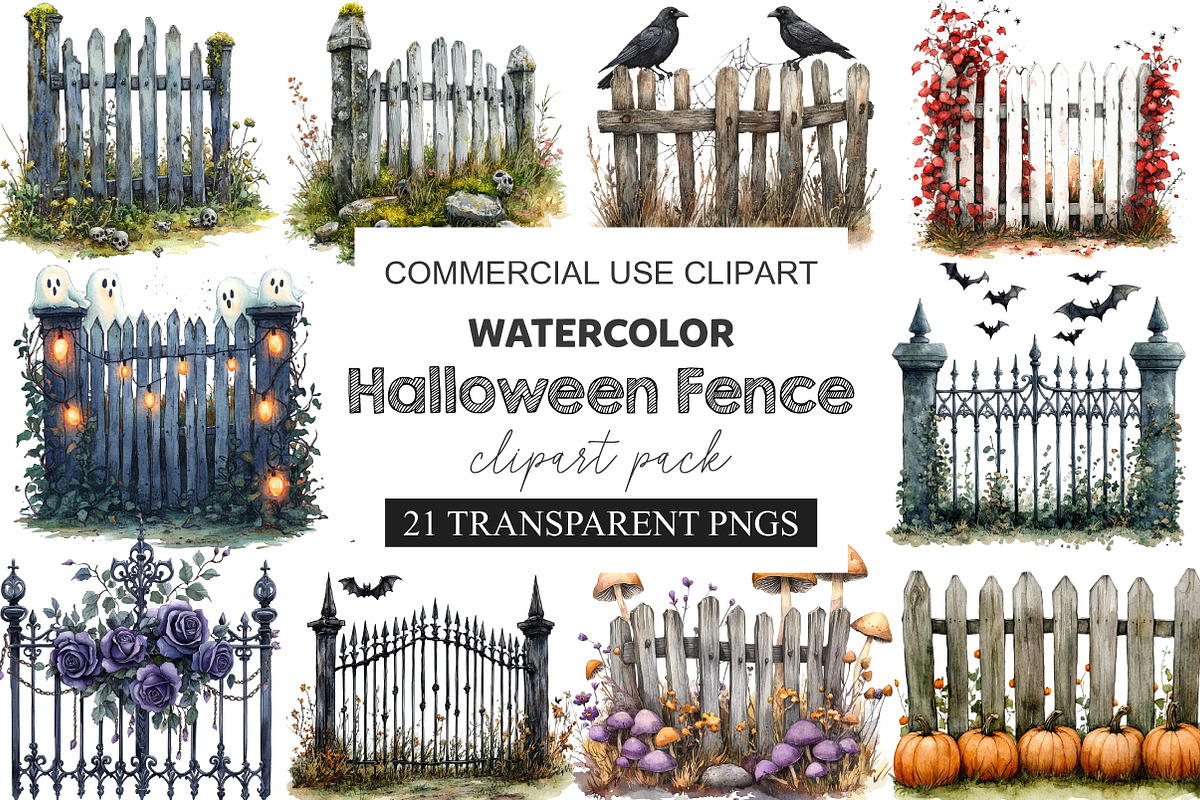 Watercolor Halloween Fence Clipart, a Work Illustration by cherrydesign (Photo 1 of 3)
